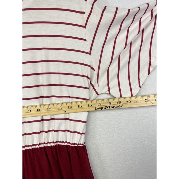 MEROKETY Striped Tunic Dress Burgundy White Flutter Sleeve Elastic Waist Midi - Picture 7 of 8